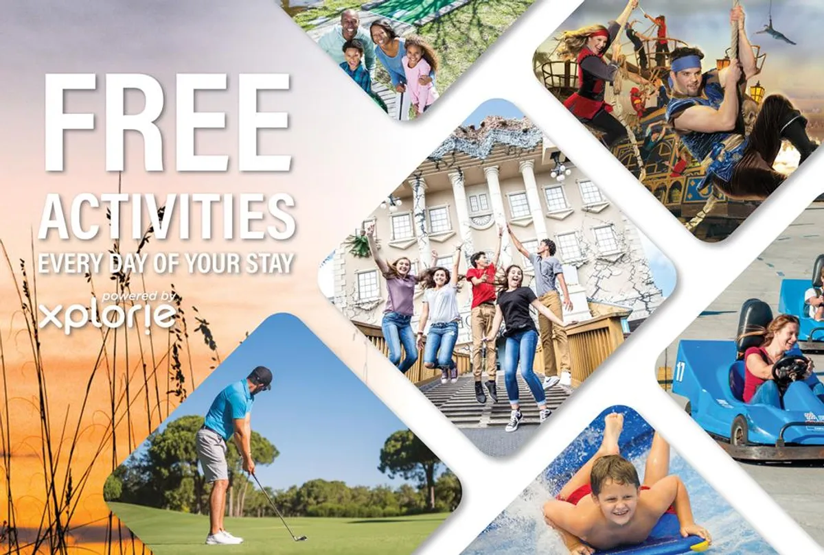 This vibrant exterior image showcases families engaging in activities such as golfing, water sports, and enjoying themed attractions. The diverse range of energetic experiences and joyful expressions reflect the spirit of adventure and group fun promoted in the Free Fun Program.